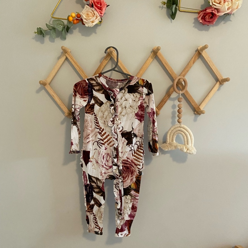 Posh Peanut Black Rose Ruffle Zip Romper Footless